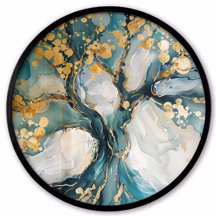Boom - Modern - Verflook - Turquoise - Goud Fotolijst rond zonder passe partout klein -3d