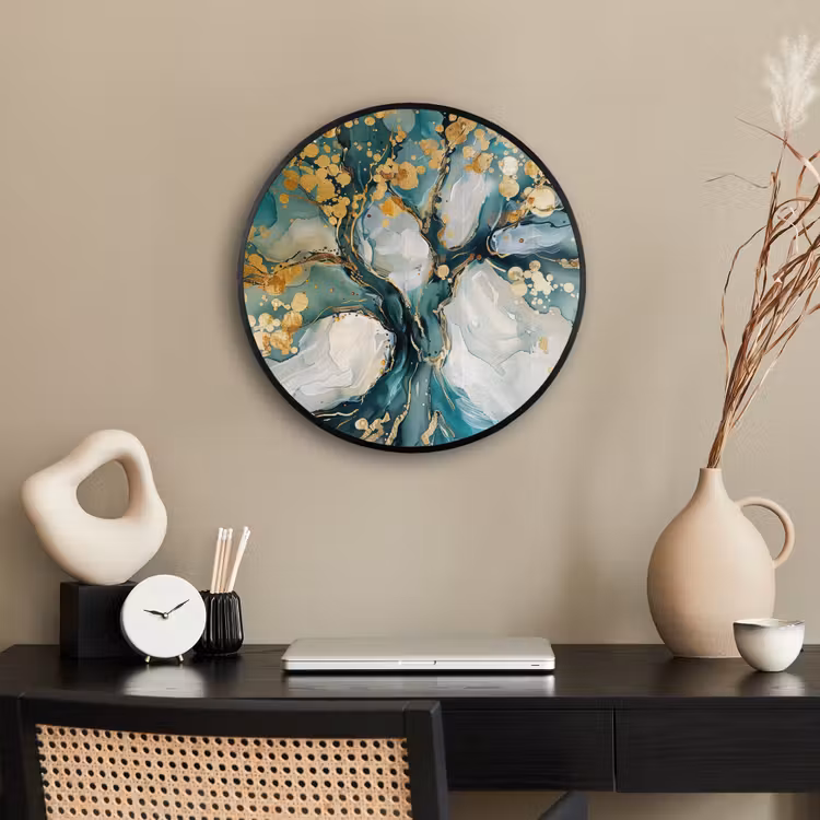 Boom - Modern - Verflook - Turquoise - Goud Fotolijst rond zonder passe partout klein -sfeer1