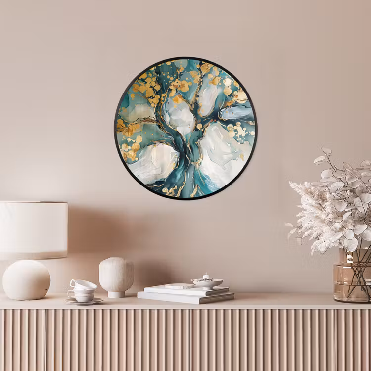 Boom - Modern - Verflook - Turquoise - Goud Fotolijst rond zonder passe partout klein -sfeer3
