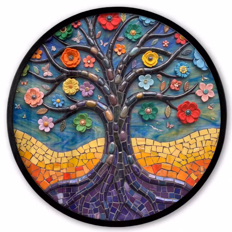 Levensboom - Mozaïek - Bloemen - Kleurrijk - Vrolijk Fotolijst rond zonder passe partout klein -3d