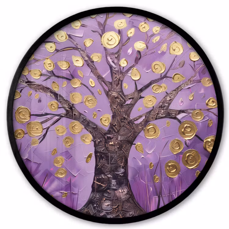 Levensboom - Boom - Paars - Goud - Modern Fotolijst rond zonder passe partout klein -3d