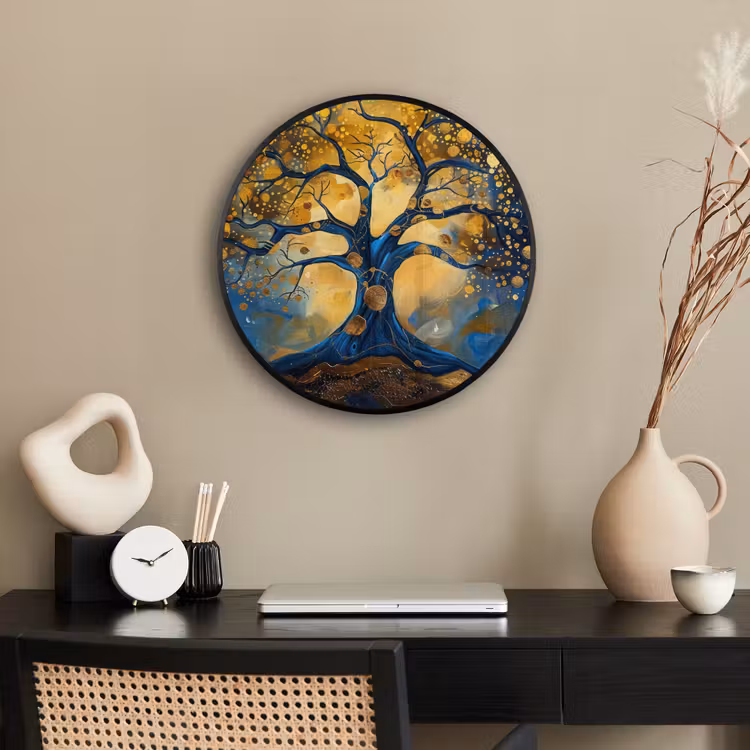 Boom - Levensboom - Blauw - Goud Fotolijst rond zonder passe partout klein -sfeer1