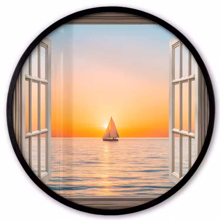 Doorkijk - Zee - Boot - Zonsondergang Fotolijst rond zonder passe partout klein -3d