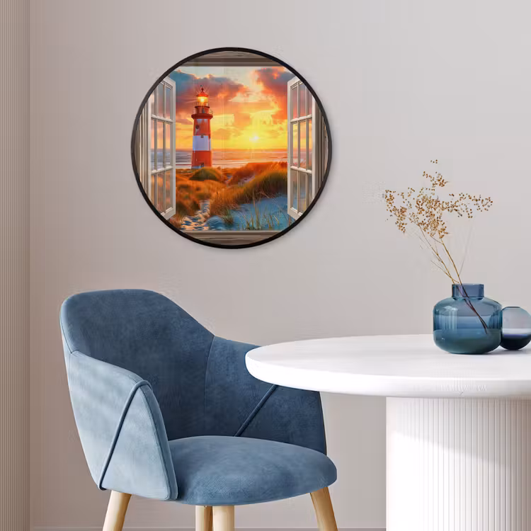 Doorkijk - Raam - Vuurtoren - Zonsondergang - Strand Fotolijst rond zonder passe partout klein -sfeer2