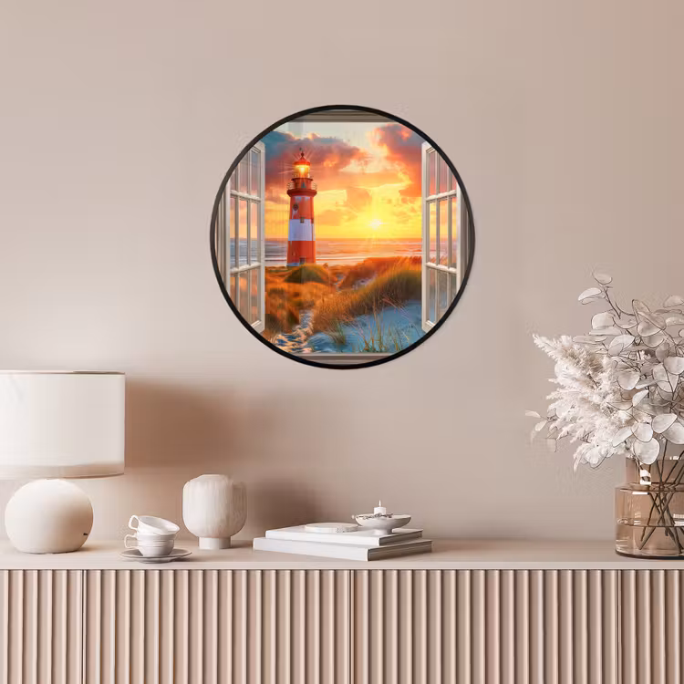 Doorkijk - Raam - Vuurtoren - Zonsondergang - Strand Fotolijst rond zonder passe partout klein -sfeer3