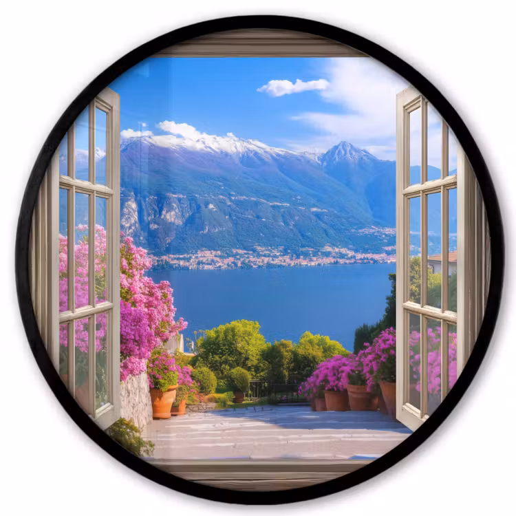 Doorkijk - Berg - Landschap - Uitzicht - Meer Fotolijst rond zonder passe partout klein -3d