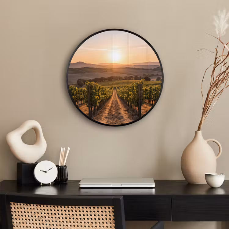 Wijngaard - Zonsondergang - Landschap Fotolijst rond zonder passe partout klein -sfeer1