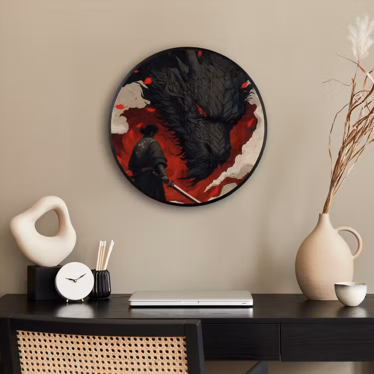 Krijger - Draak - Zwart - Rood - Rook Fotolijst rond zonder passe partout klein -sfeer1