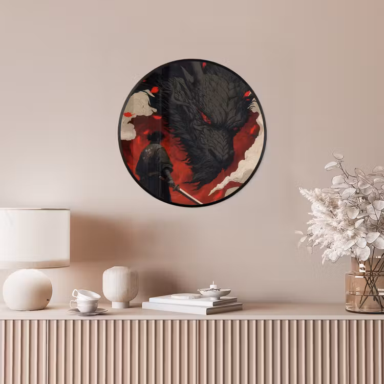 Krijger - Draak - Zwart - Rood - Rook Fotolijst rond zonder passe partout klein -sfeer3