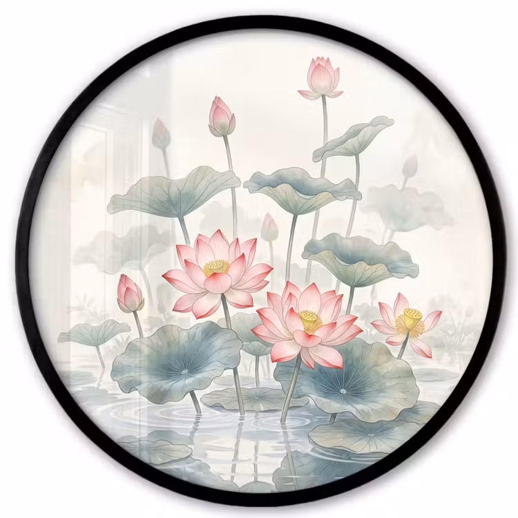 Aquarel - Lotusbloemen - Kleurrijk Fotolijst rond zonder passe partout klein -3d