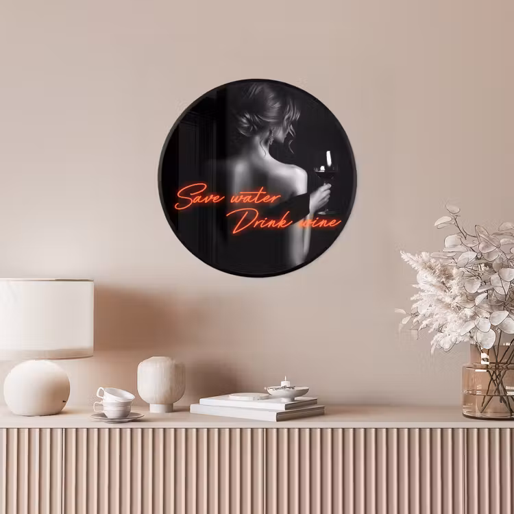 Wijn - Vrouw - Neon - Quote Fotolijst rond zonder passe partout klein -sfeer3