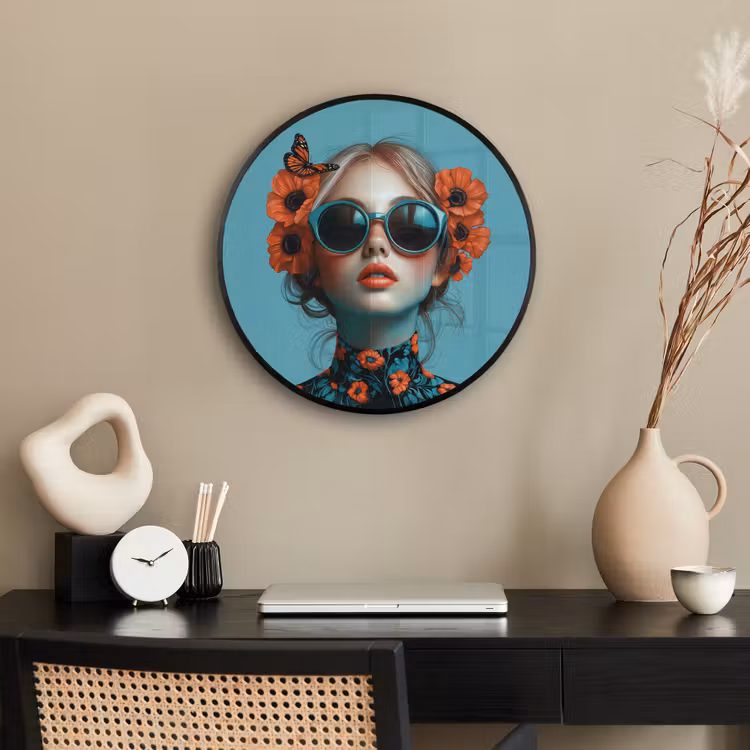 Vrouw - Blauw - Vlinder - Bloemen - Aesthetic Fotolijst rond zonder passe partout klein -sfeer1