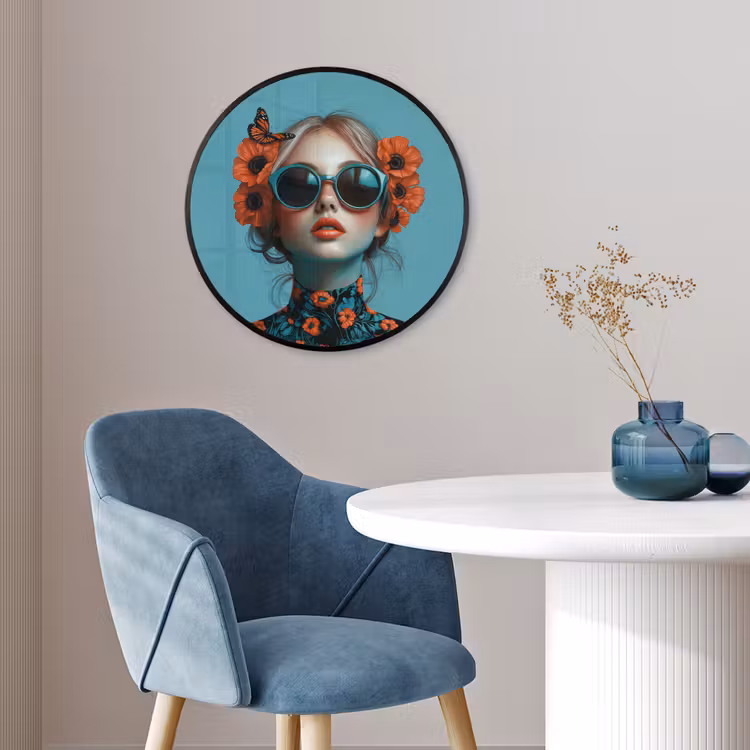 Vrouw - Blauw - Vlinder - Bloemen - Aesthetic Fotolijst rond zonder passe partout klein -sfeer2