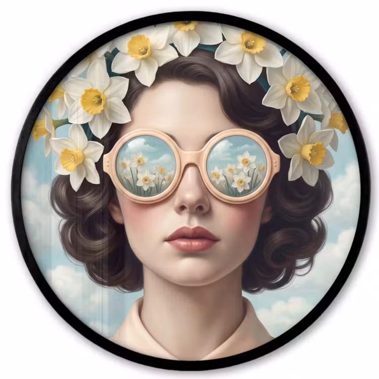 Vrouw - Narcissen - Geel Fotolijst rond zonder passe partout klein -3d