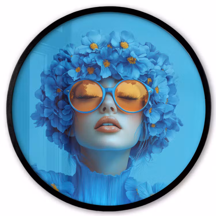 Vrouw - Bloem - Blauw - Modern - Bril - Portret Fotolijst rond zonder passe partout klein -3d
