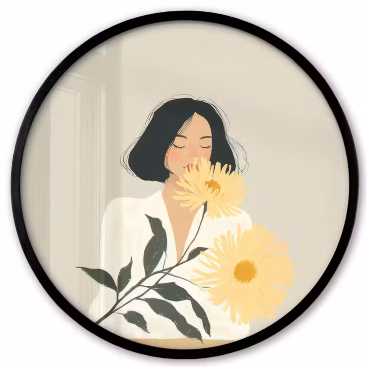 Vrouw - Bloem - Geel - Minimalistisch Fotolijst rond zonder passe partout klein -3d