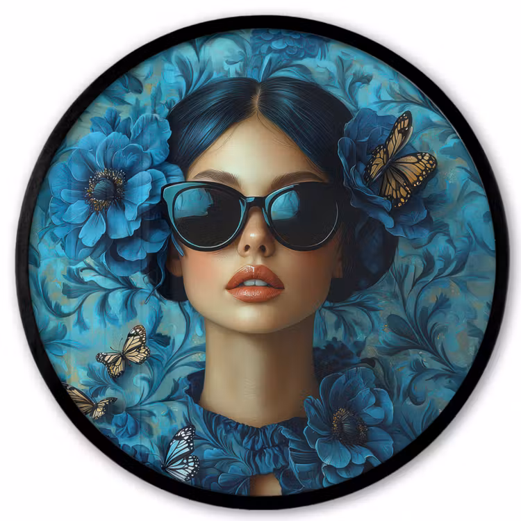 Vrouw - Bloemen - Vlinders - Blauw - Abstract Fotolijst rond zonder passe partout klein -3d