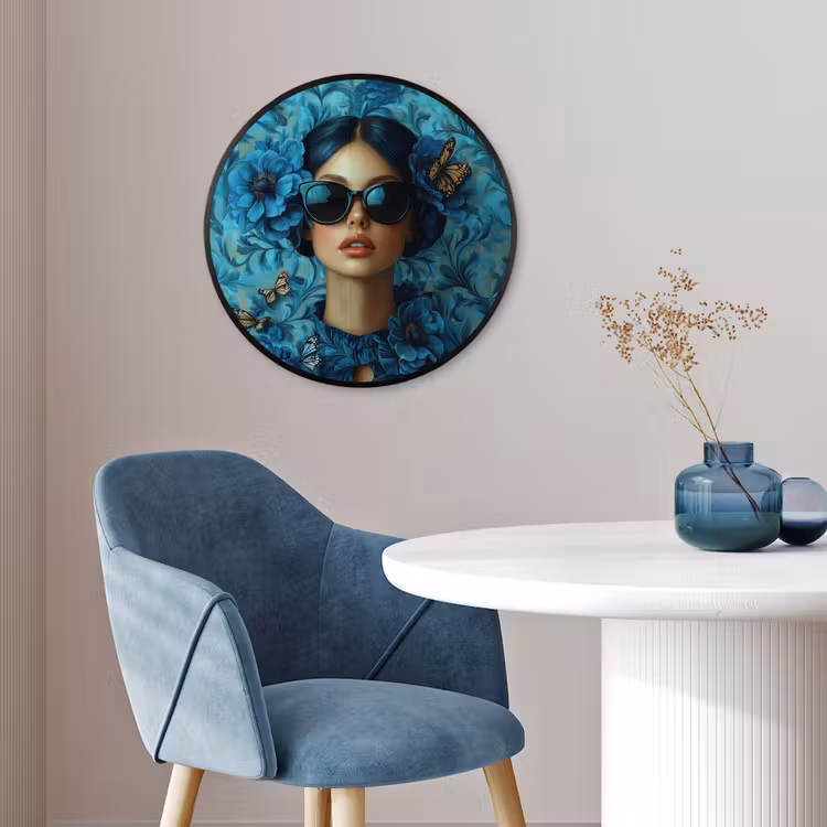 Vrouw - Bloemen - Vlinders - Blauw - Abstract Fotolijst rond zonder passe partout klein -sfeer2