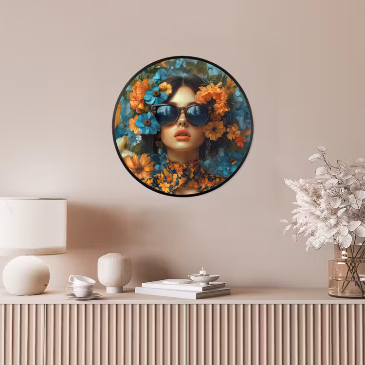 Vrouw - Bloemen - Oranje - Blauw - Modern Fotolijst rond zonder passe partout klein -sfeer3