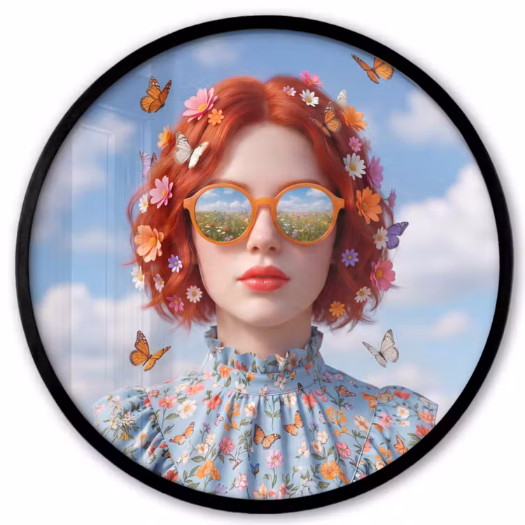 Vrouw - Bloemen - Zomer - Portret - Kleurrijk Fotolijst rond zonder passe partout klein -3d