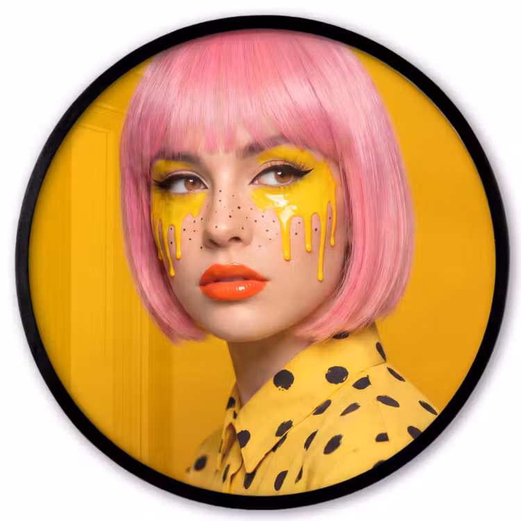 Vrouw - Portret - Abstract - Kleurrijk - Geel Fotolijst rond zonder passe partout klein -3d