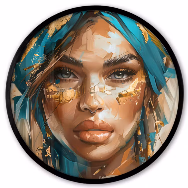 Vrouw - Portret - Goud - Luxe - Blauw Fotolijst rond zonder passe partout klein -3d