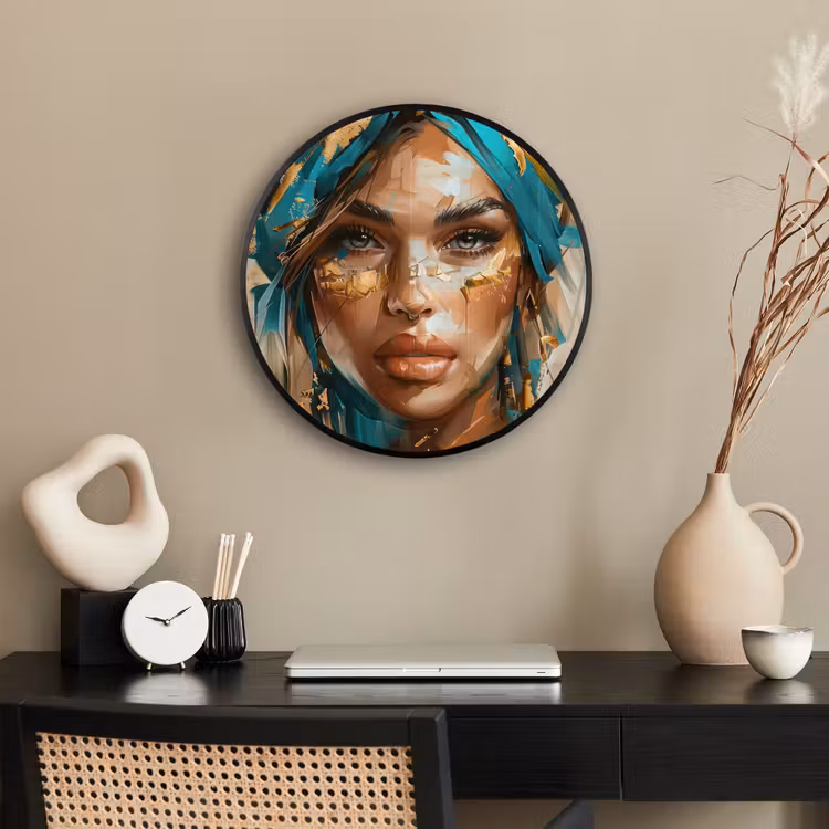 Vrouw - Portret - Goud - Luxe - Blauw Fotolijst rond zonder passe partout klein -sfeer1