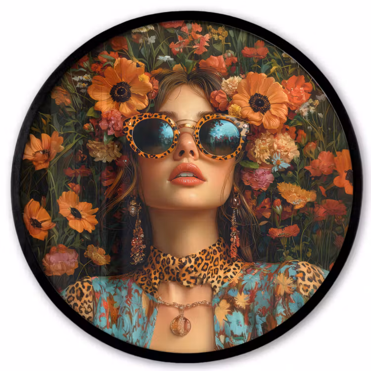 Vrouwen - Bloemen - Modern - Bril - Abstract Fotolijst rond zonder passe partout klein -3d