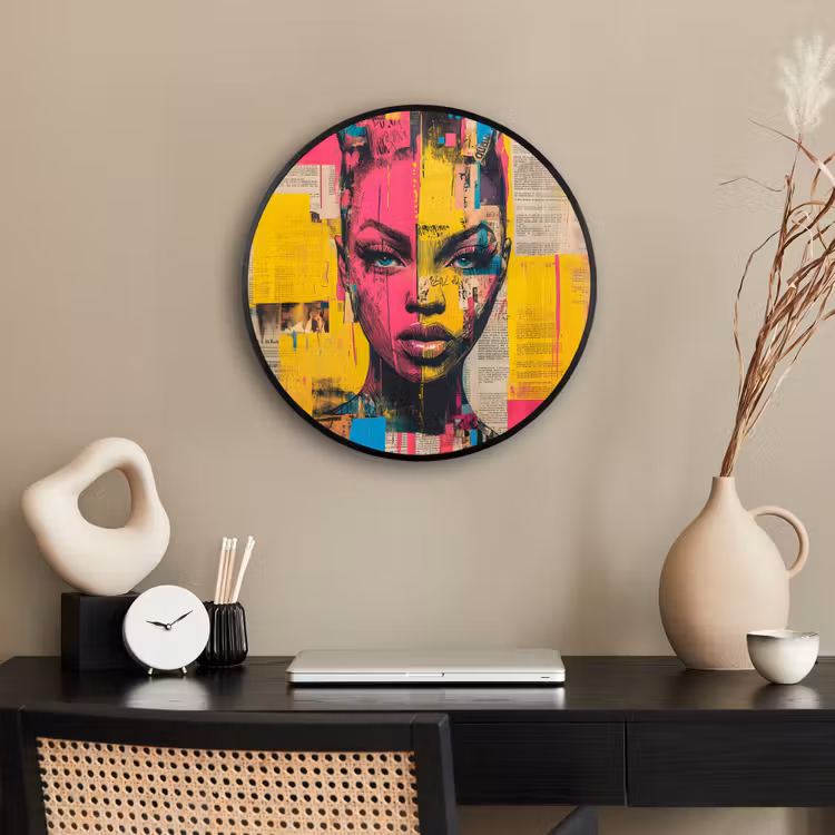 Vrouwengezicht - Krantenpapier - Abstract - Roze Fotolijst rond zonder passe partout klein -sfeer1