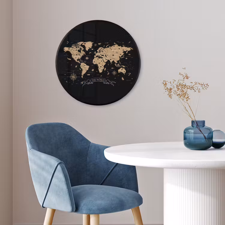 Wereldkaart - Beige - Zwart Fotolijst rond zonder passe partout klein -sfeer2