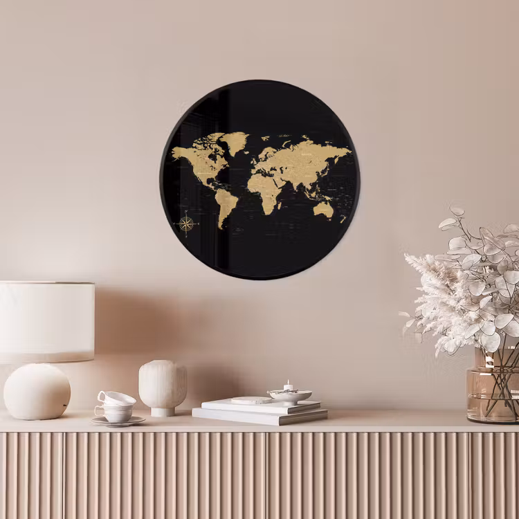 Wereldkaart - Beige - Zwart Fotolijst rond zonder passe partout klein -sfeer3