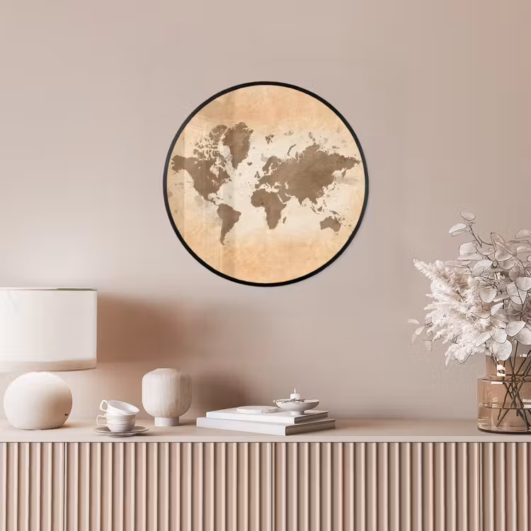 Wereldkaart - Beige - Bruin Fotolijst rond zonder passe partout klein -sfeer3