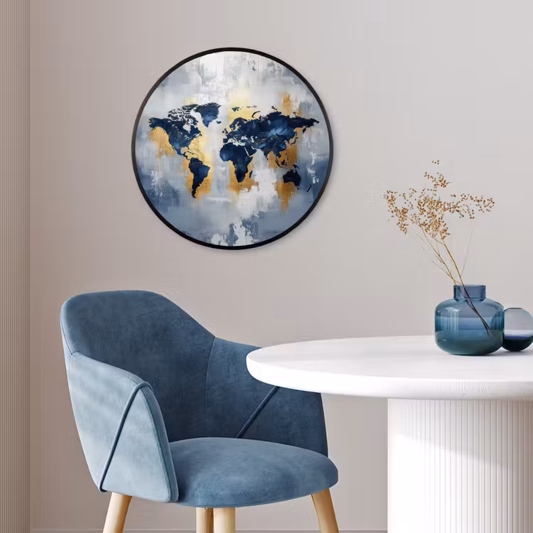 Wereldkaart - Blauw - Abstract Fotolijst rond zonder passe partout klein -sfeer2