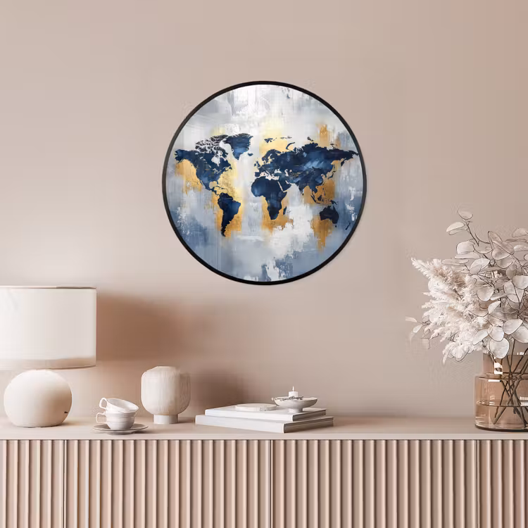 Wereldkaart - Blauw - Abstract Fotolijst rond zonder passe partout klein -sfeer3