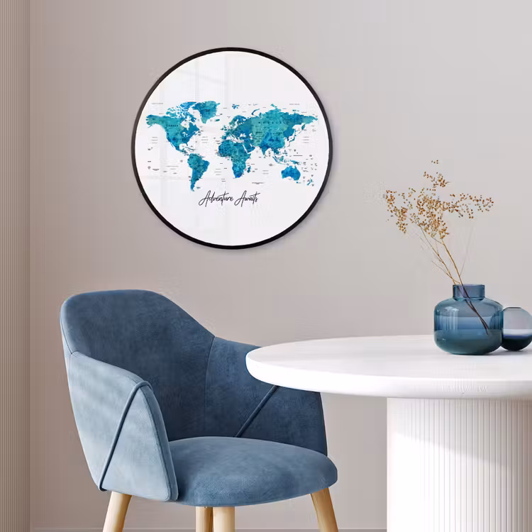 Wereldkaart - Blauw - Kleurrijk Fotolijst rond zonder passe partout klein -sfeer2