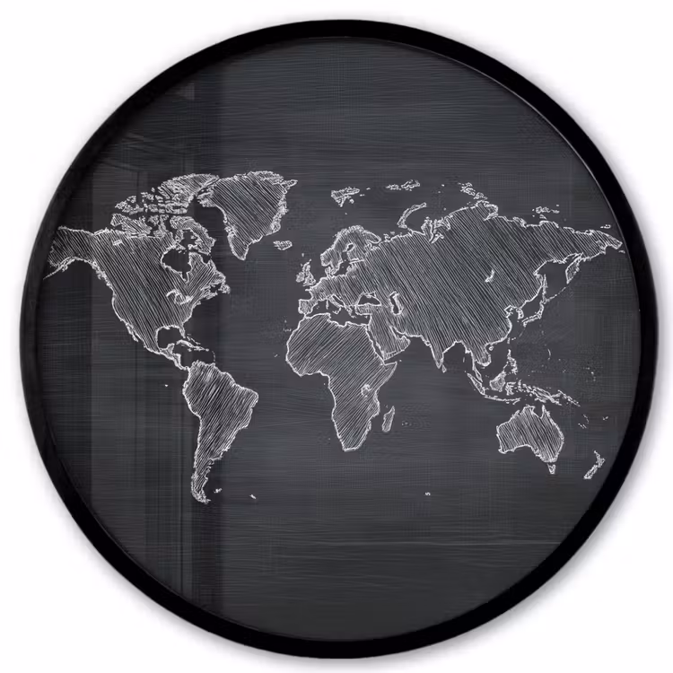 Wereldkaart - Krijt - Zwart - minimalistisch Fotolijst rond zonder passe partout klein -3d