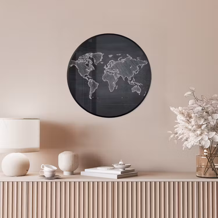 Wereldkaart - Krijt - Zwart - minimalistisch Fotolijst rond zonder passe partout klein -sfeer3