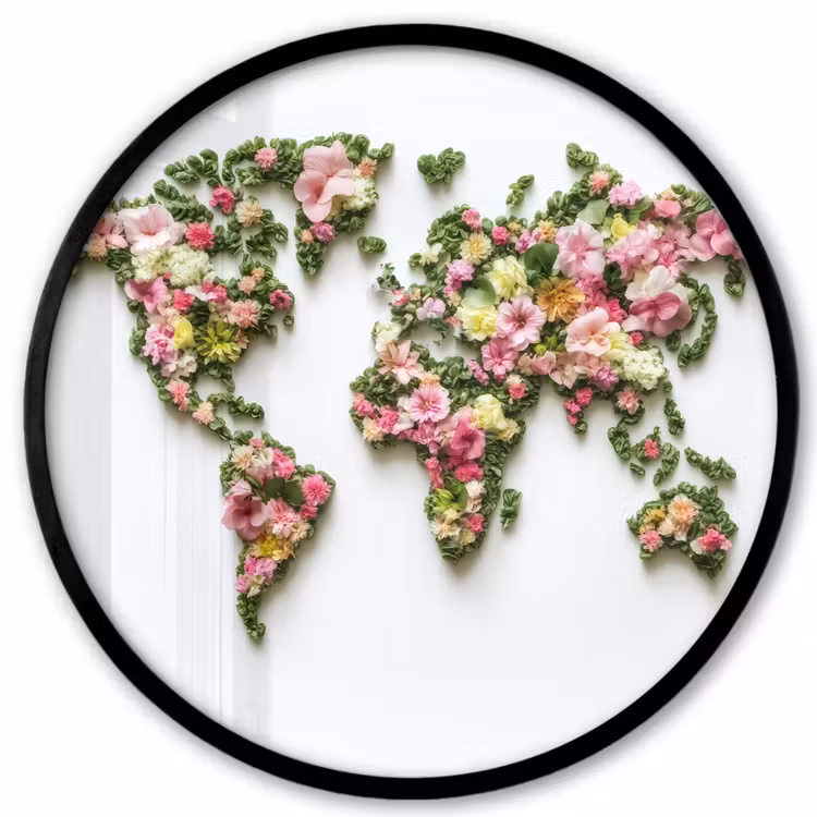 Wereldkaart - Kleurrijk - Bloemen - Lente Fotolijst rond zonder passe partout klein -3d