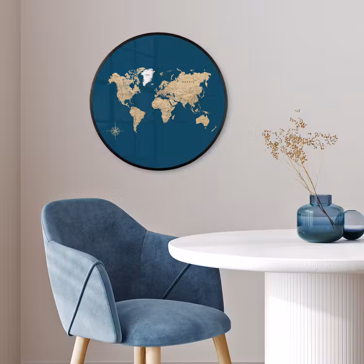 Wereldkaart - Donkerblauw - Beige Fotolijst rond zonder passe partout klein -sfeer2