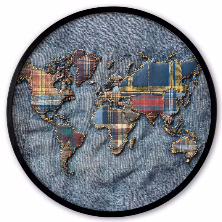 Wereldkaart - Denim - Textiel Fotolijst rond zonder passe partout klein -3d