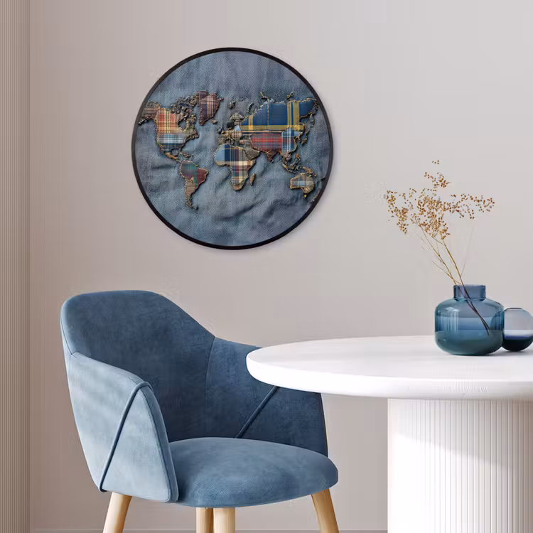 Wereldkaart - Denim - Textiel Fotolijst rond zonder passe partout klein -sfeer2