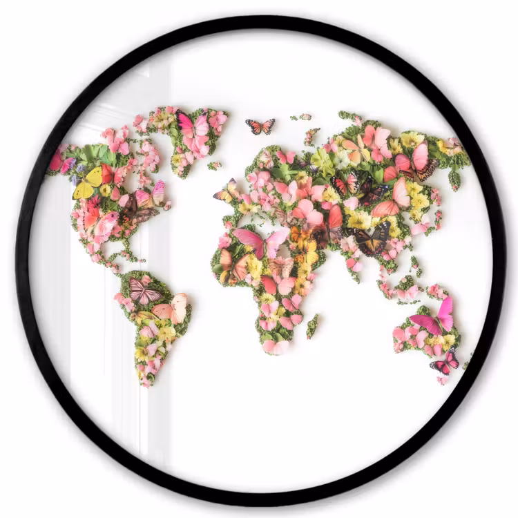 Wereldkaart - Bloemen - Felgekleurd Fotolijst rond zonder passe partout klein -3d