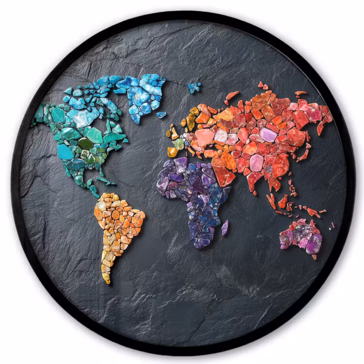 Wereldkaart - Edelstenen - Regenboog - Ruw Fotolijst rond zonder passe partout klein -3d