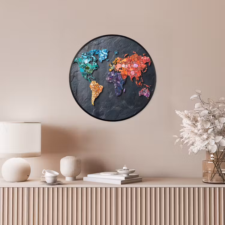 Wereldkaart - Edelstenen - Regenboog - Ruw Fotolijst rond zonder passe partout klein -sfeer3