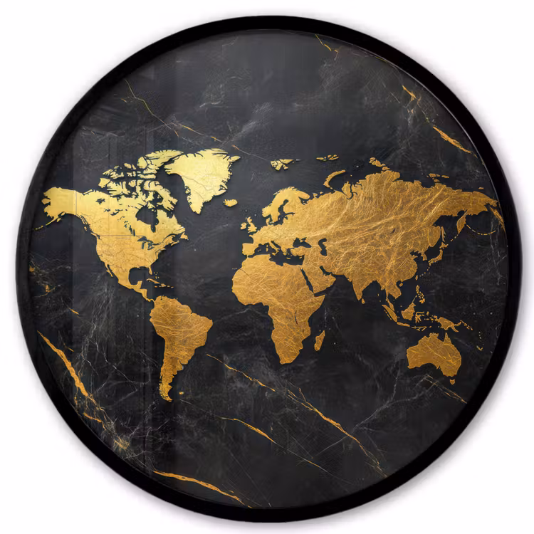 Wereldkaart - Goud - Marmer Fotolijst rond zonder passe partout klein -3d
