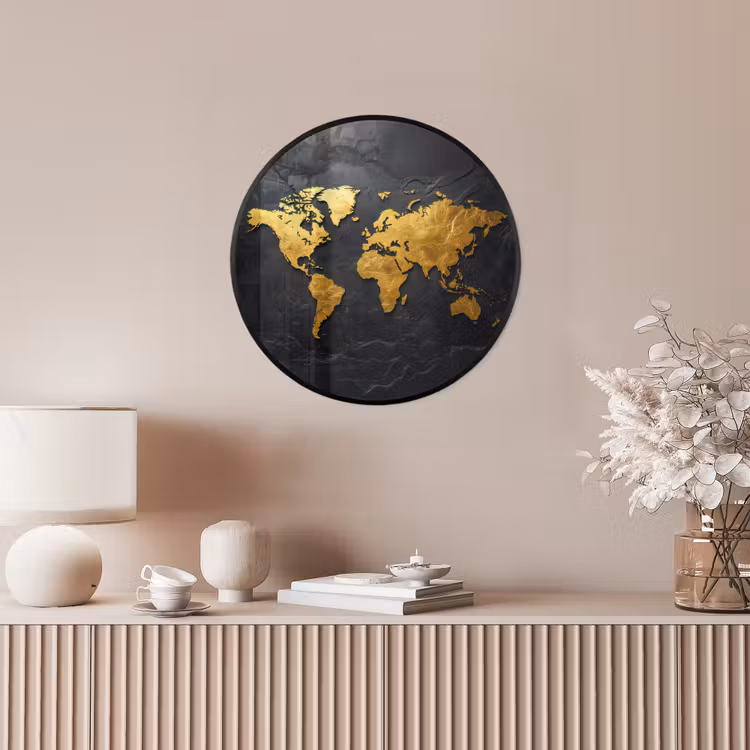 Wereldkaart - Goud - Steen Fotolijst rond zonder passe partout klein -sfeer3