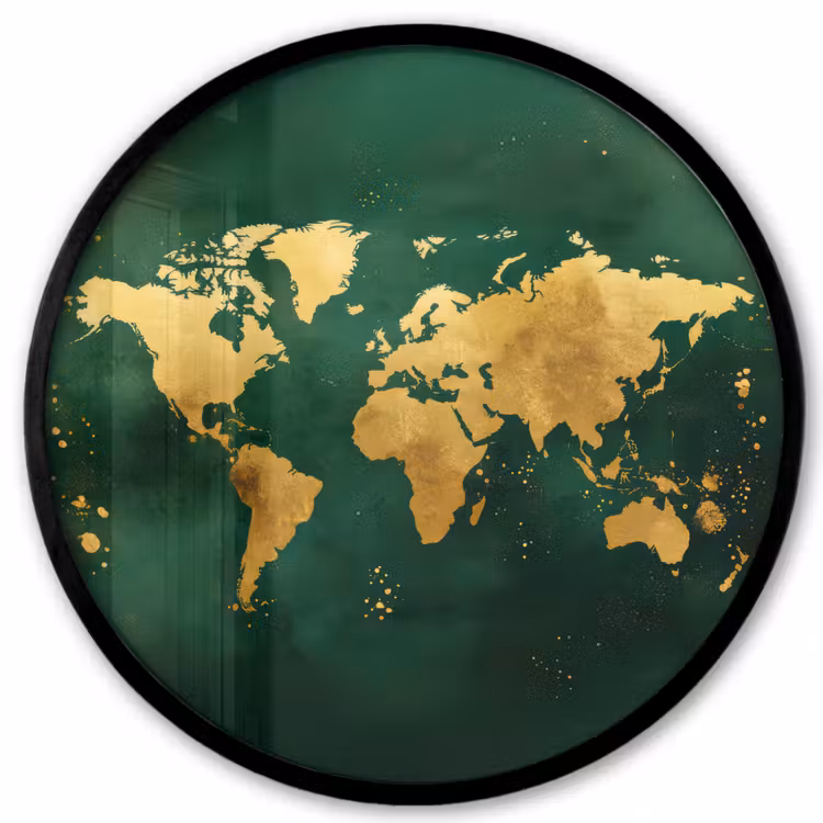 Wereldkaart - Groen - Goud Fotolijst rond zonder passe partout klein -3d