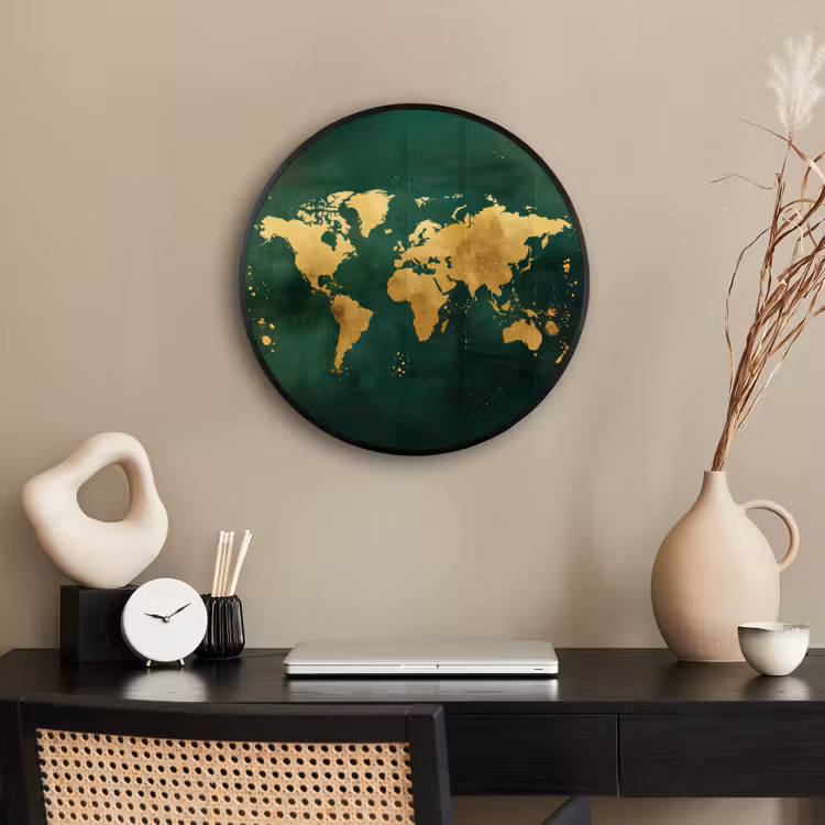 Wereldkaart - Groen - Goud Fotolijst rond zonder passe partout klein -sfeer1