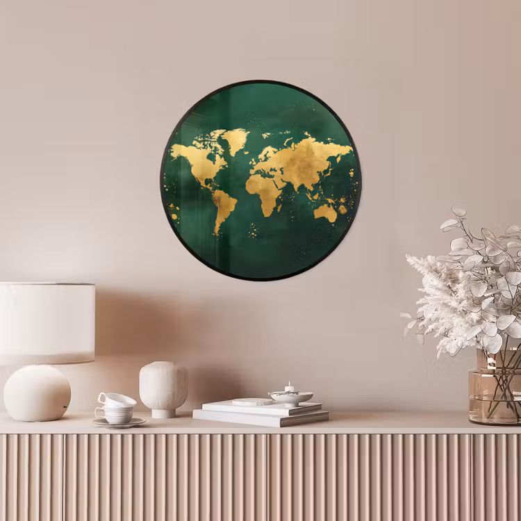 Wereldkaart - Groen - Goud Fotolijst rond zonder passe partout klein -sfeer3