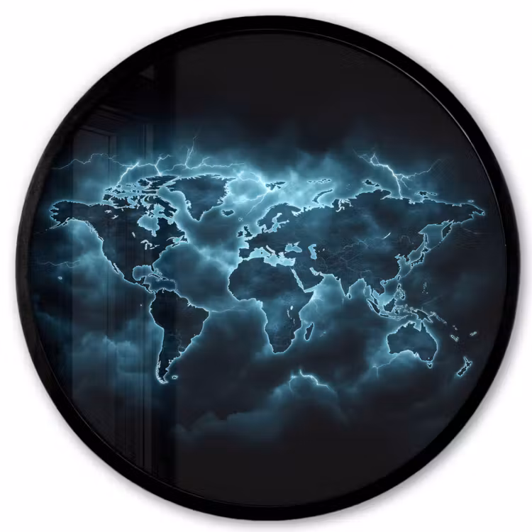 Wereldkaart - Bliksem - Blauw Fotolijst rond zonder passe partout klein -3d